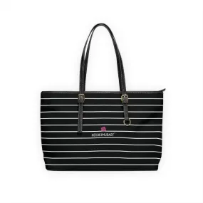 Black White Striped Tote Bag, 17"x11"/ 16"x10" Designer Striped PU Leather Shoulder Hand Bag