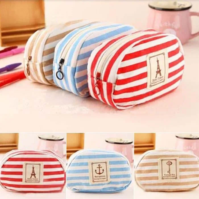 Korean Style Creative Student Navy Fashion Stripe Multifunctional Large Storage Canvas Pencil Case Stationery Bag NP-H7TAF-158