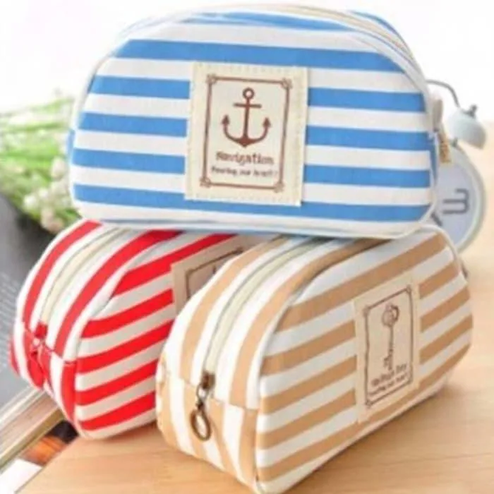 Korean Style Creative Student Navy Fashion Stripe Multifunctional Large Storage Canvas Pencil Case Stationery Bag NP-H7TAF-158