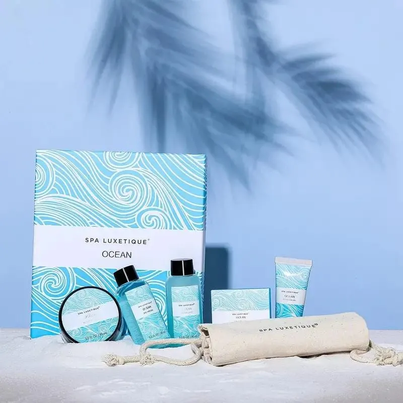 Spa Luxetique Spa Gift Set, Pamper Gifts for women,Ocean 6pcs Travel Gift Box with Shower Gel, Hand Cream, Bubble Bath, christmas gift set